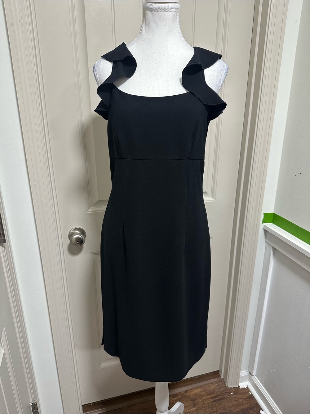 Sugar Black Midi Dress with Ruffle Shoulder Detail